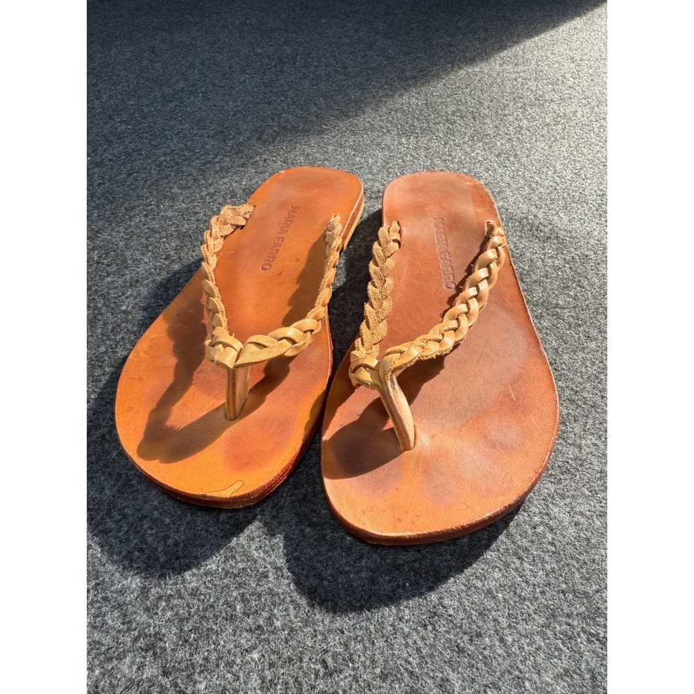 MARIA FARRO Leather Braided Strap Thong Sandals‎ Size 39  Womens Tan Flip Flops